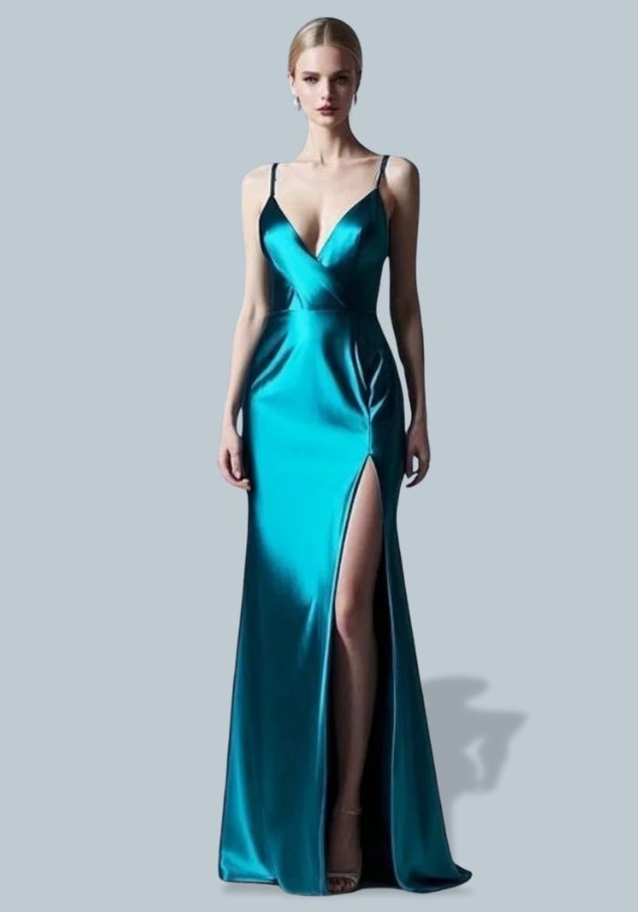 Abendkleid in Petrol Satin Lang