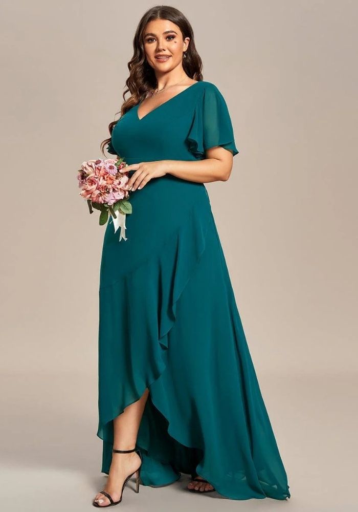 Abendkleid in Petrol V-Ausschnitt Gerafft