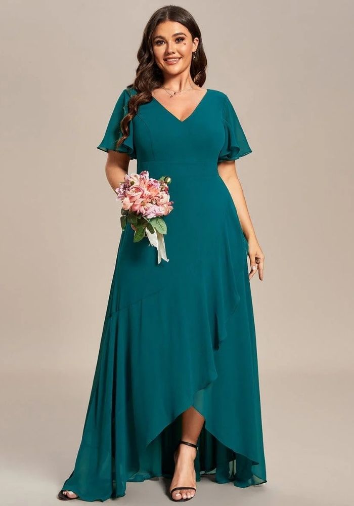 Abendkleid in Petrol V-Ausschnitt Gerafft