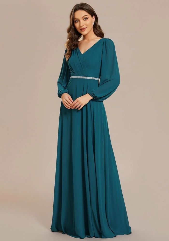 Kleid Petrol Brautjungfernkleid Chiffon Tailliert