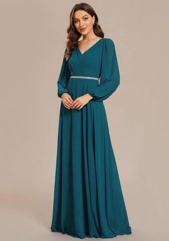 Kleid Petrol Brautjungfernkleid Chiffon Tailliert