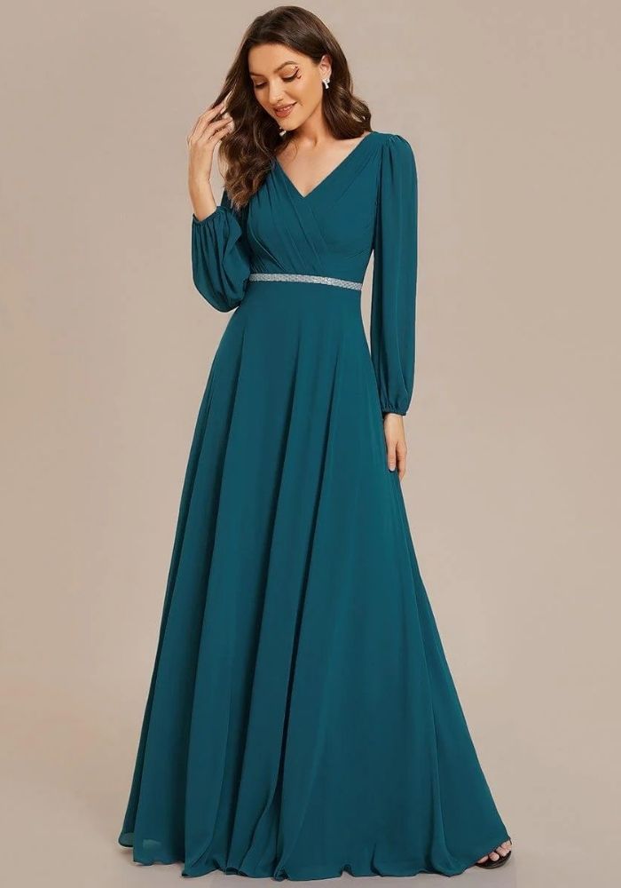 Kleid Petrol Brautjungfernkleid Chiffon Tailliert