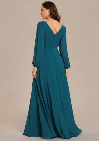 Kleid Petrol Brautjungfernkleid Chiffon Tailliert