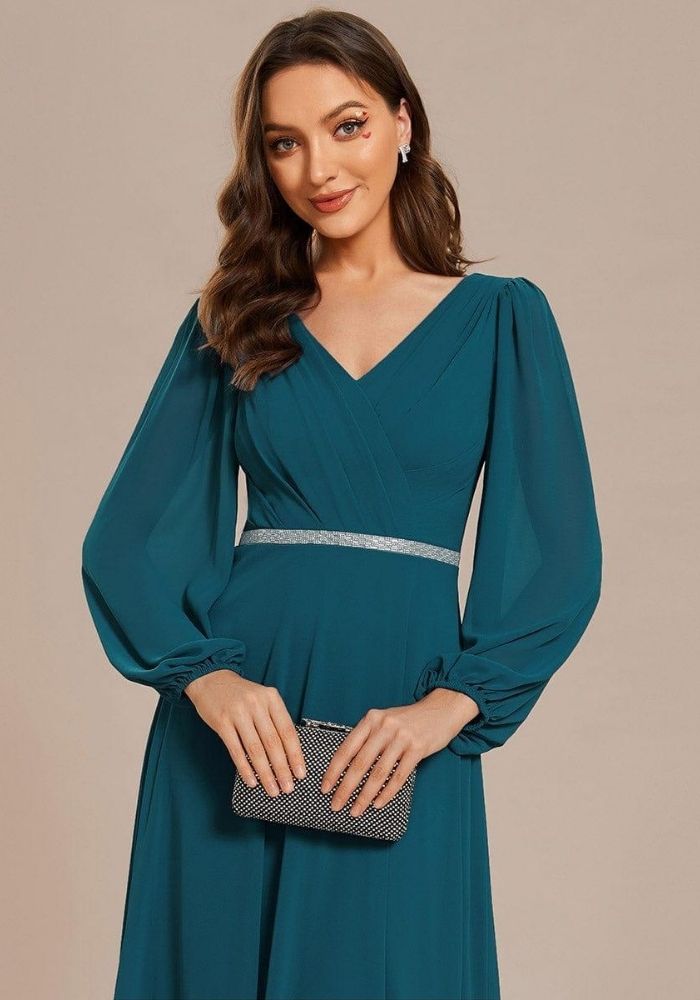 Kleid Petrol Brautjungfernkleid Chiffon Tailliert