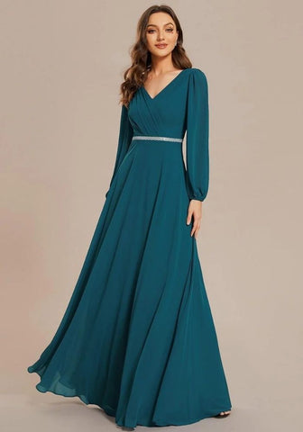 Kleid Petrol Brautjungfernkleid Chiffon Tailliert