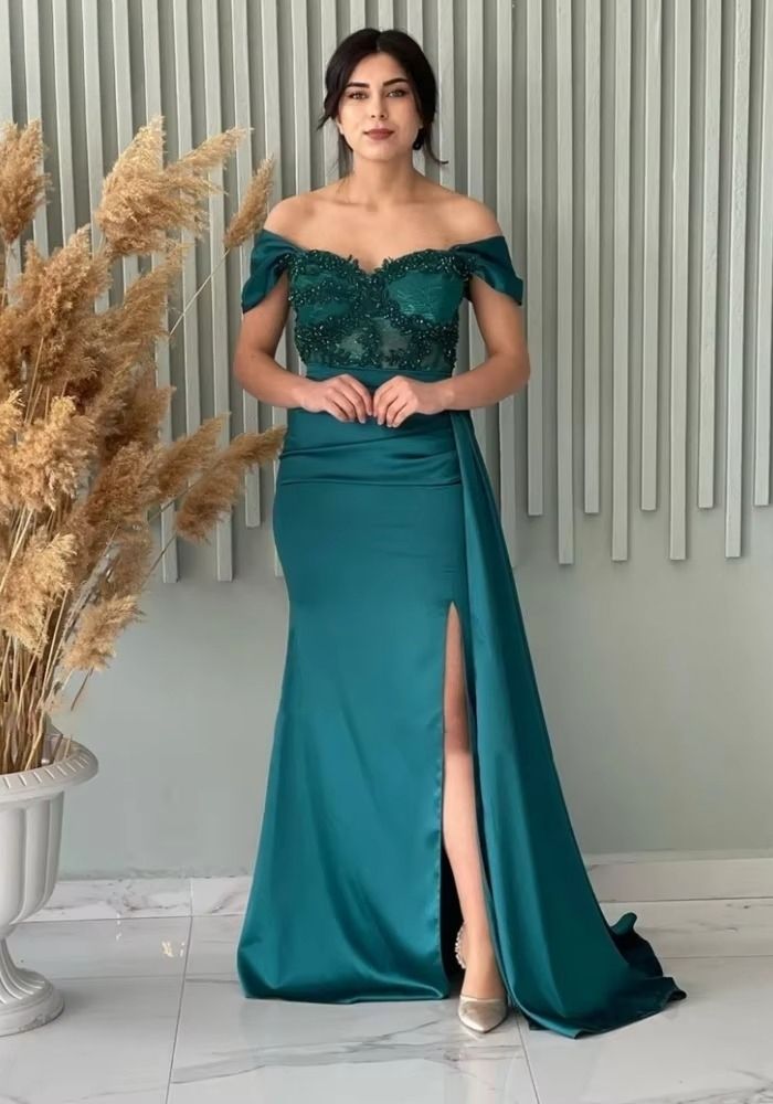 Kleid Petrol Festlich Perlen Aus Der Schulter Ballkleid