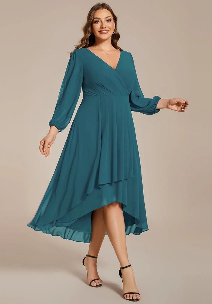 Kleid Petrol Hochzeit Langärmelig Plissiert Knielang Chiffon