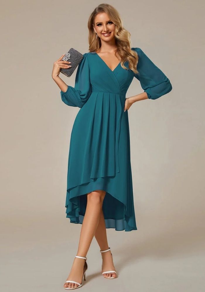 Kleid Petrol Hochzeit Langärmelig Plissiert Knielang Chiffon