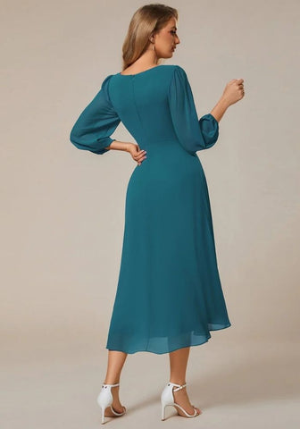 Kleid Petrol Hochzeit Langärmelig Plissiert Knielang Chiffon