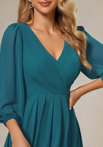Kleid Petrol Hochzeit Langärmelig Plissiert Knielang Chiffon