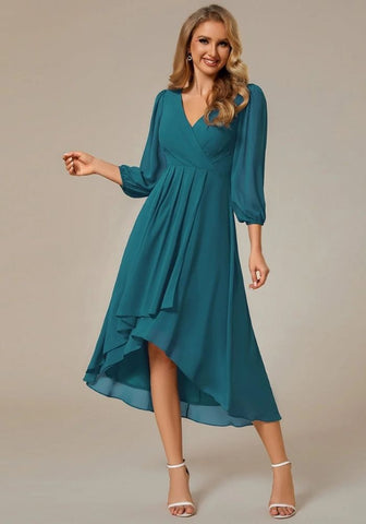 Kleid Petrol Hochzeit Langärmelig Plissiert Knielang Chiffon