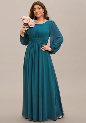 Petrol Kleid Plus Größe O-Hals Langer Ärmel Chiffon