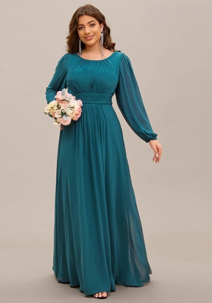 Petrol Kleid Plus Größe O-Hals Langer Ärmel Chiffon