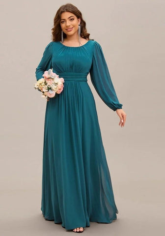 Petrol Kleid Plus Größe O-Hals Langer Ärmel Chiffon