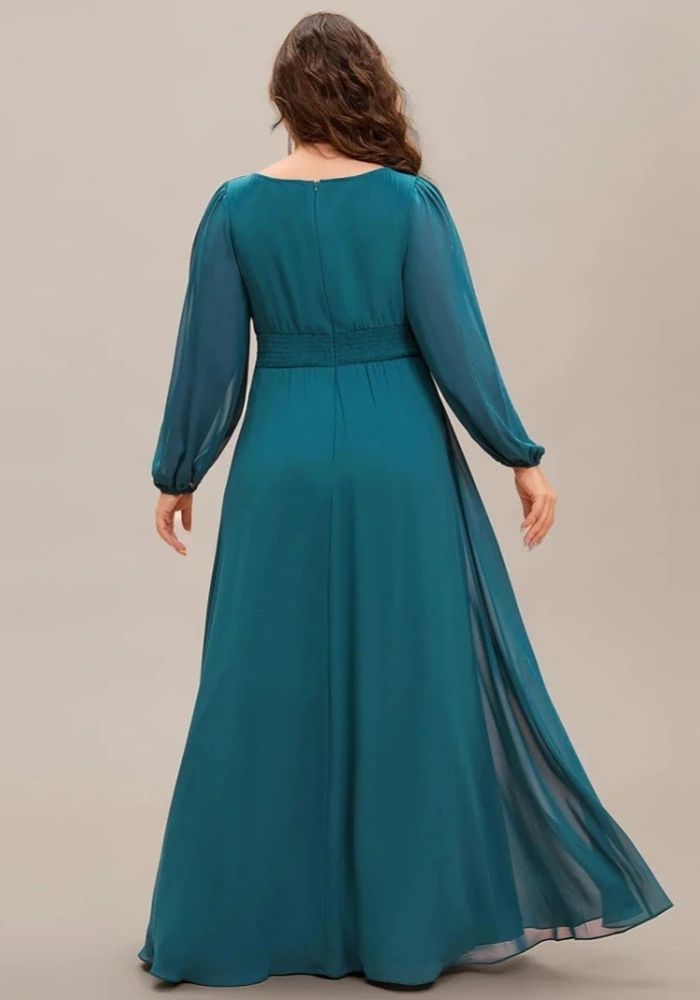 Petrol Kleid Plus Größe O-Hals Langer Ärmel Chiffon
