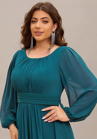 Petrol Kleid Plus Größe O-Hals Langer Ärmel Chiffon