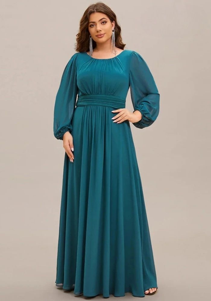 Petrol Kleid Plus Größe O-Hals Langer Ärmel Chiffon