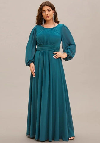 Petrol Kleid Plus Größe O-Hals Langer Ärmel Chiffon