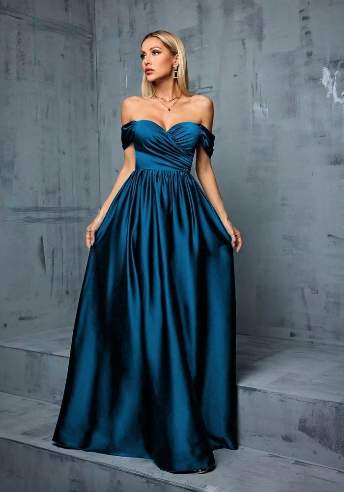 Sommerkleid Petrol Satin-Vollrock mit Kreuz-Ausschnitt