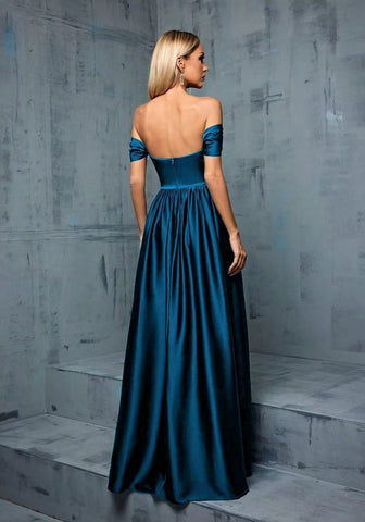 Sommerkleid Petrol Satin-Vollrock mit Kreuz-Ausschnitt